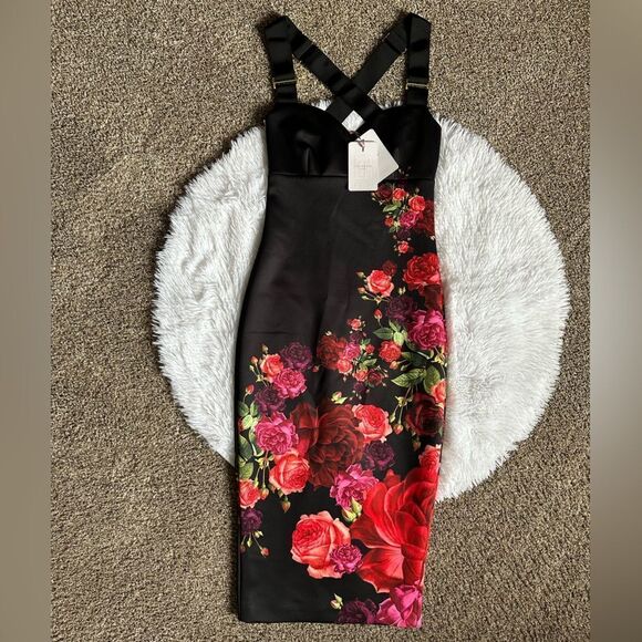Ted Baker Dresses & Skirts - Ted Baker Dress Meric Juxtapose Rose Midi New Black Red Adjustable Straps Size 4